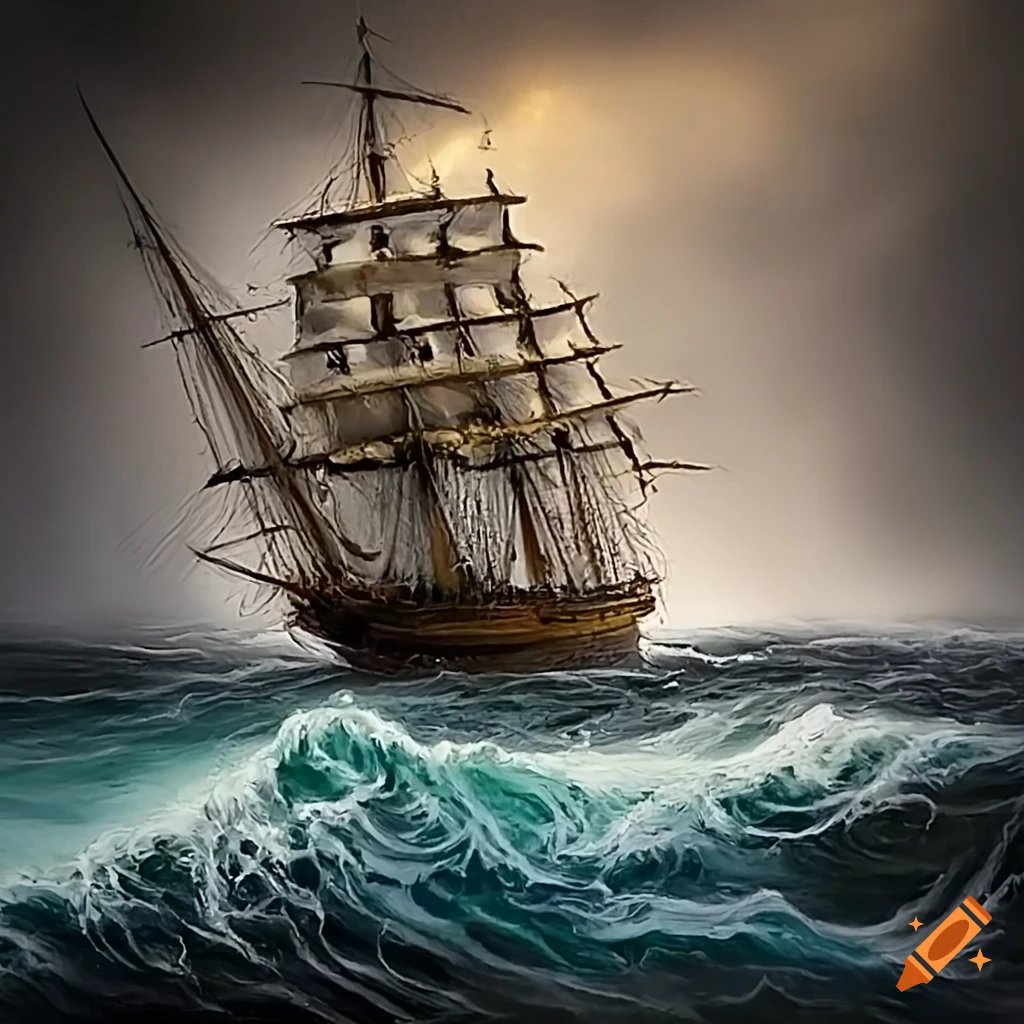 oil painting of a tall ship in a violent storm
