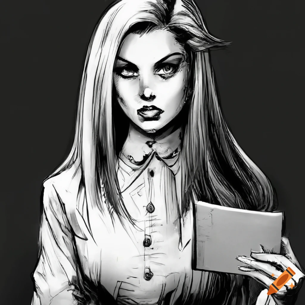 Black and white comic art of a blond woman reading a letter on craiyon