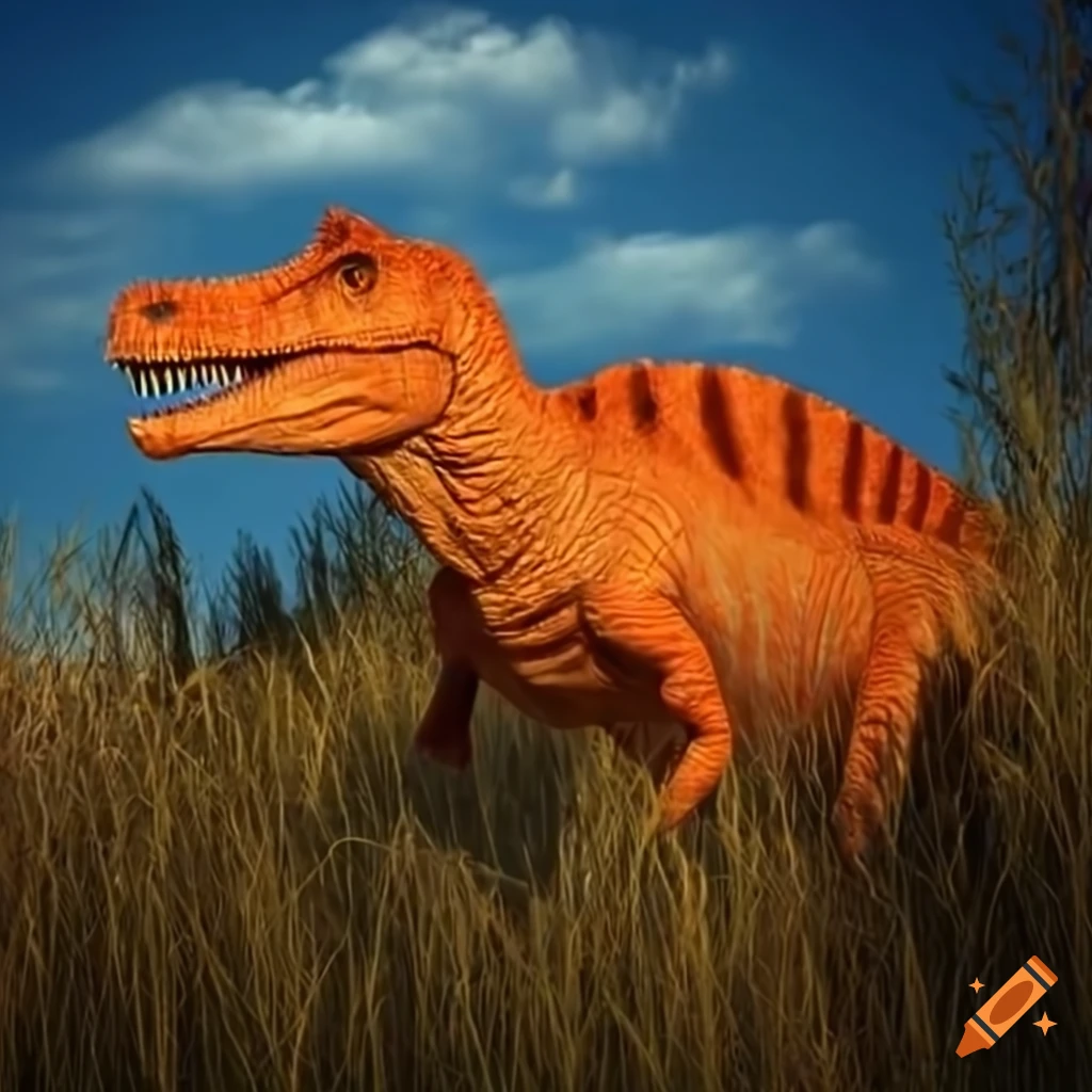 Giant Orange Spinosaurus In Tall Grass On Craiyon