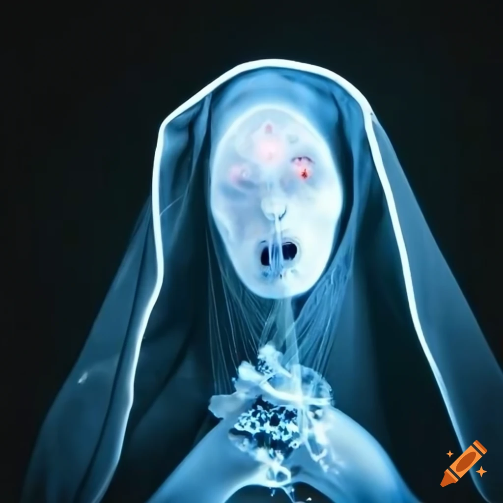 sculpture of a silver nun with jellyfish laser eyes