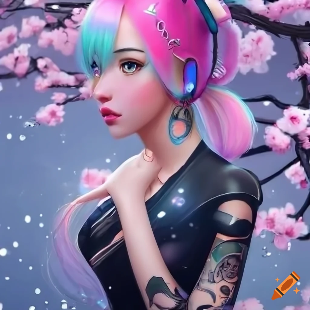 Realistic cyberpunk girl with long pastel hair and black dress