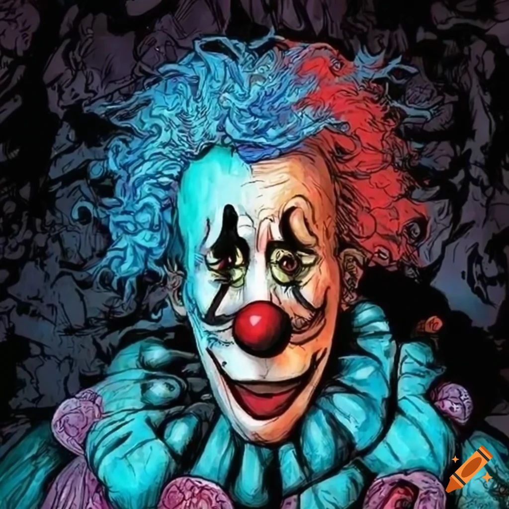 heavy metal style comic artwork titled "clown with terror at the foot of the cannon"