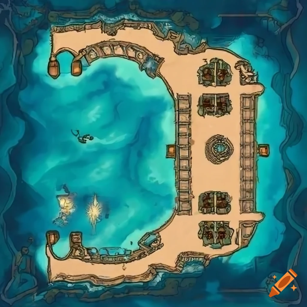 Top-down battle map of an underwater palace bridge on Craiyon