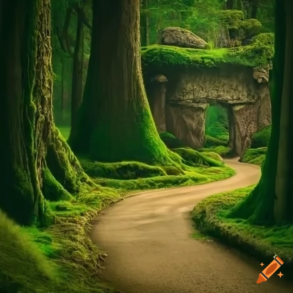 Road through a fairytale forest with stone trees on Craiyon