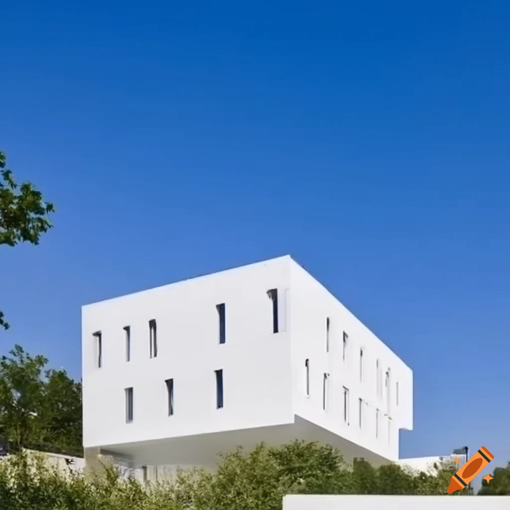 Modern white building with rooftop plants on Craiyon