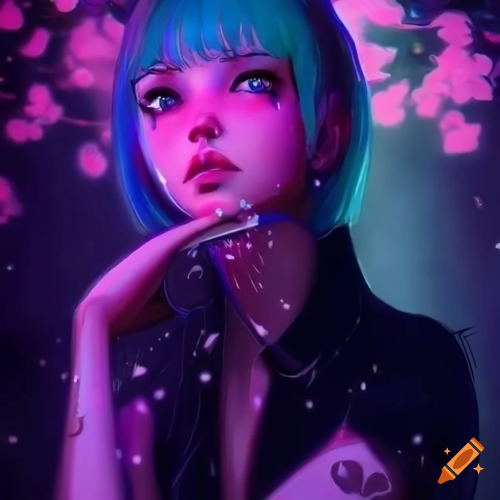 Realistic Artwork Of A Cyberpunk Girl With Pink And Blue Hair On Craiyon 