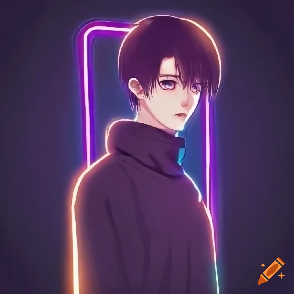 Neon lights frame around a handsome young man in street clothes on Craiyon