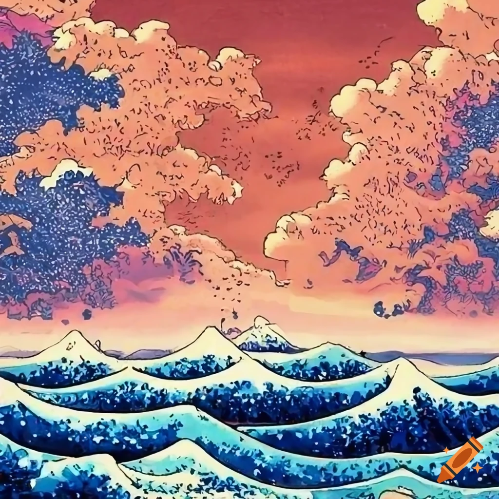 Pen And Ink Illustration Of Ocean Waves And Vibrant Clouds pen-and-ink-illustration-of-ocean-waves-and-vibrant-clouds