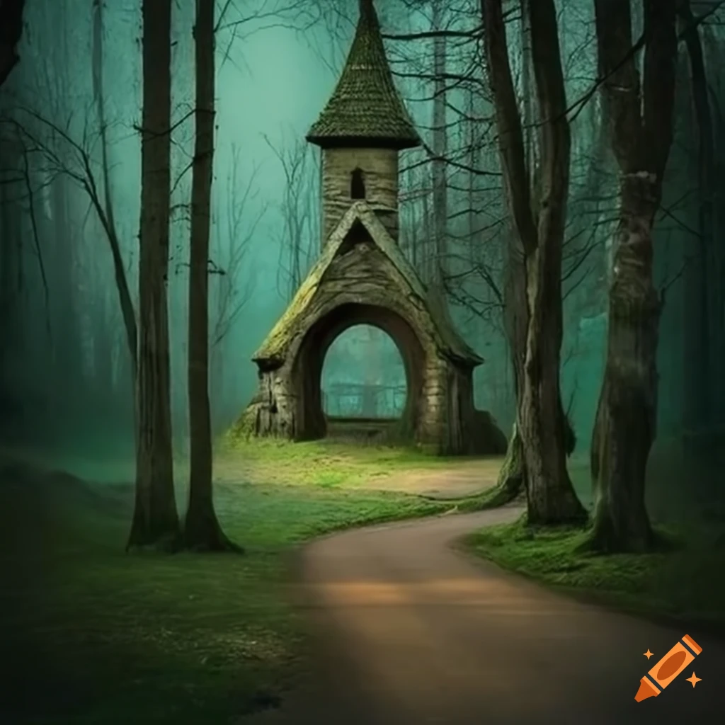 path through a magical forest with stone trees and church