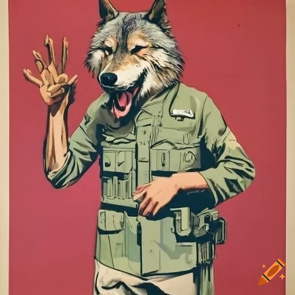 vintage propaganda poster of a wolf in uniform