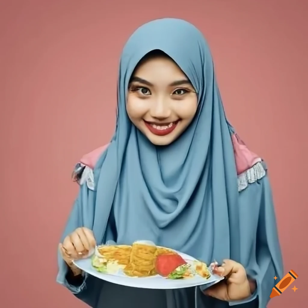 friendly girl wearing hijab serving food