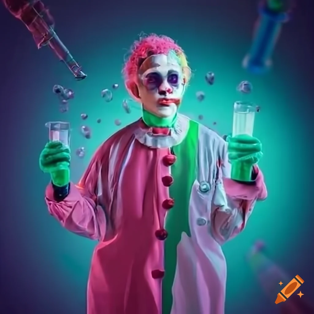 Satirical image of a clown scientist with test tubes on Craiyon