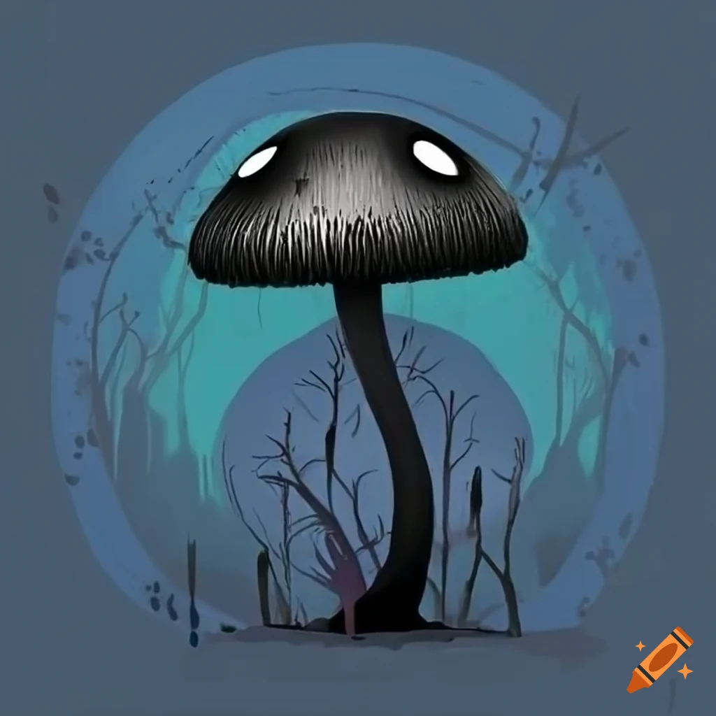 tim burton-style blue forest with black mushroom