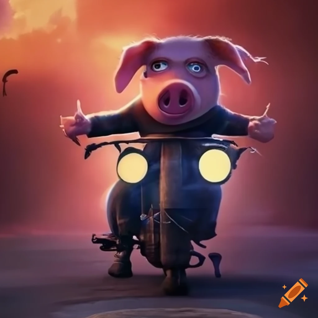 Pixar movie poster with a motorcycle-riding pig