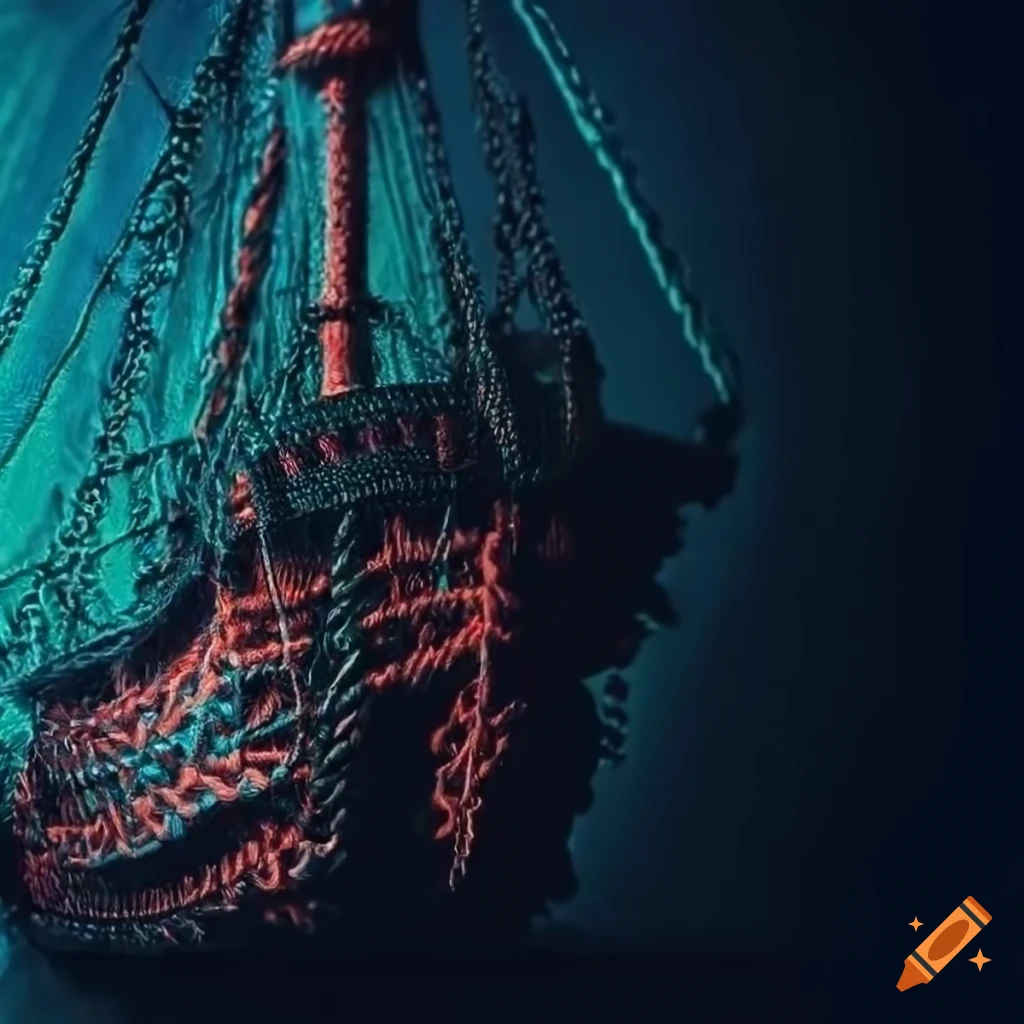 close-up of colorful braided material with pirate ship design