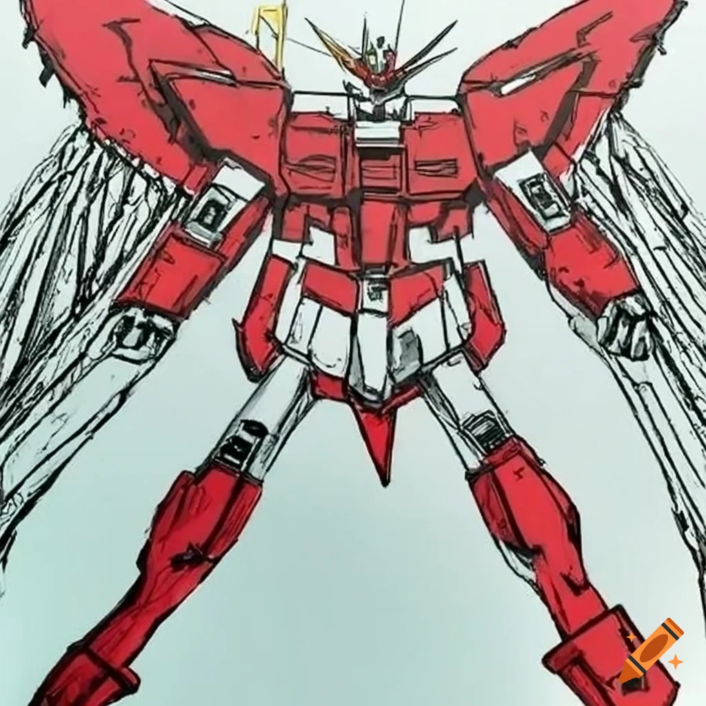 red gundam with wings holding a gold beam saber