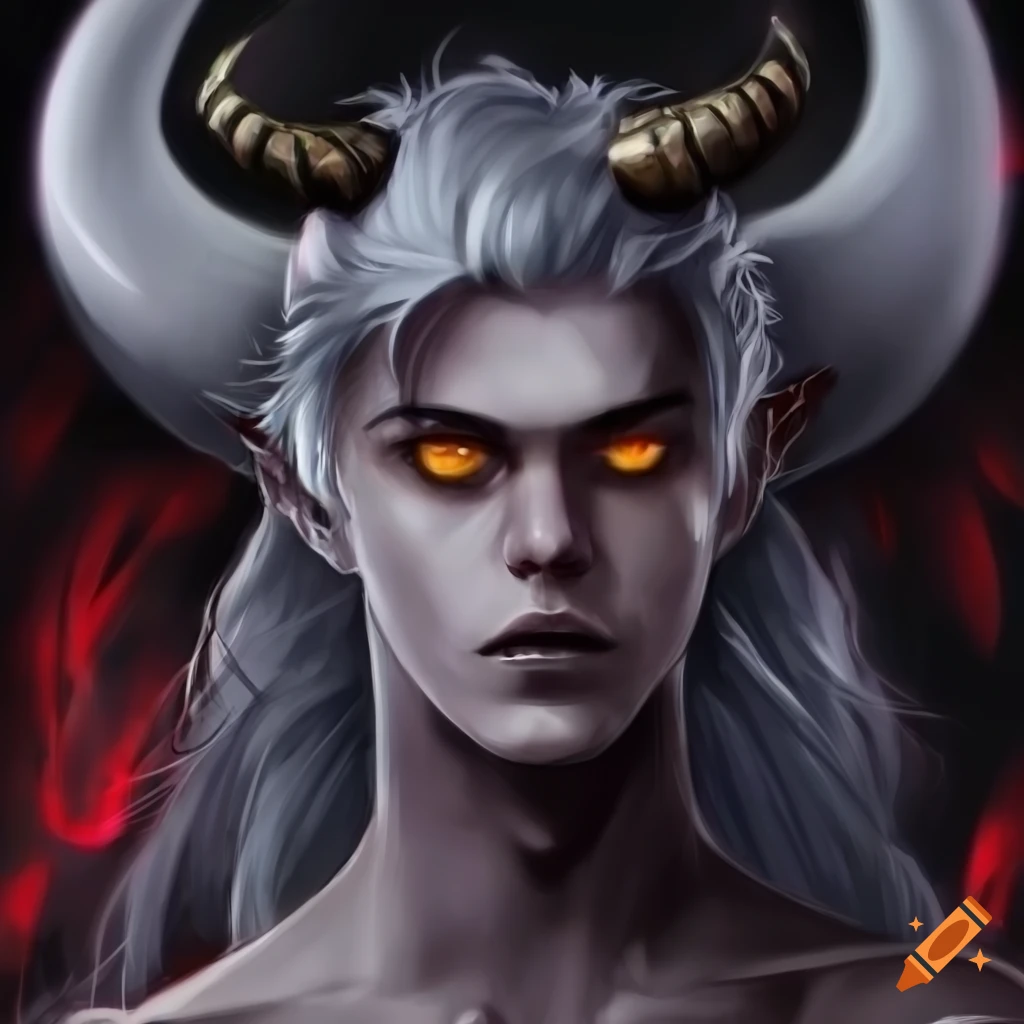 Portrait of an attractive male demon with grey skin and white hair on ...