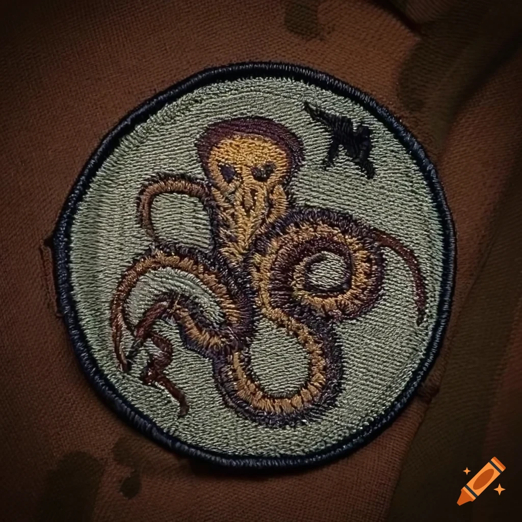embroidered patch with tentacle design and crossed scythes