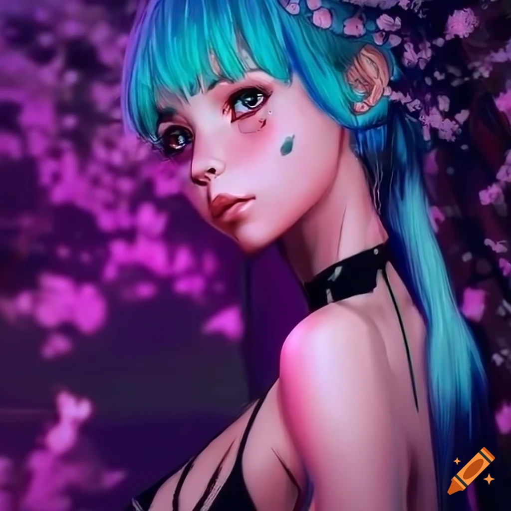 Realistic artwork of a futuristic cyberpunk girl with pastel hair on ...
