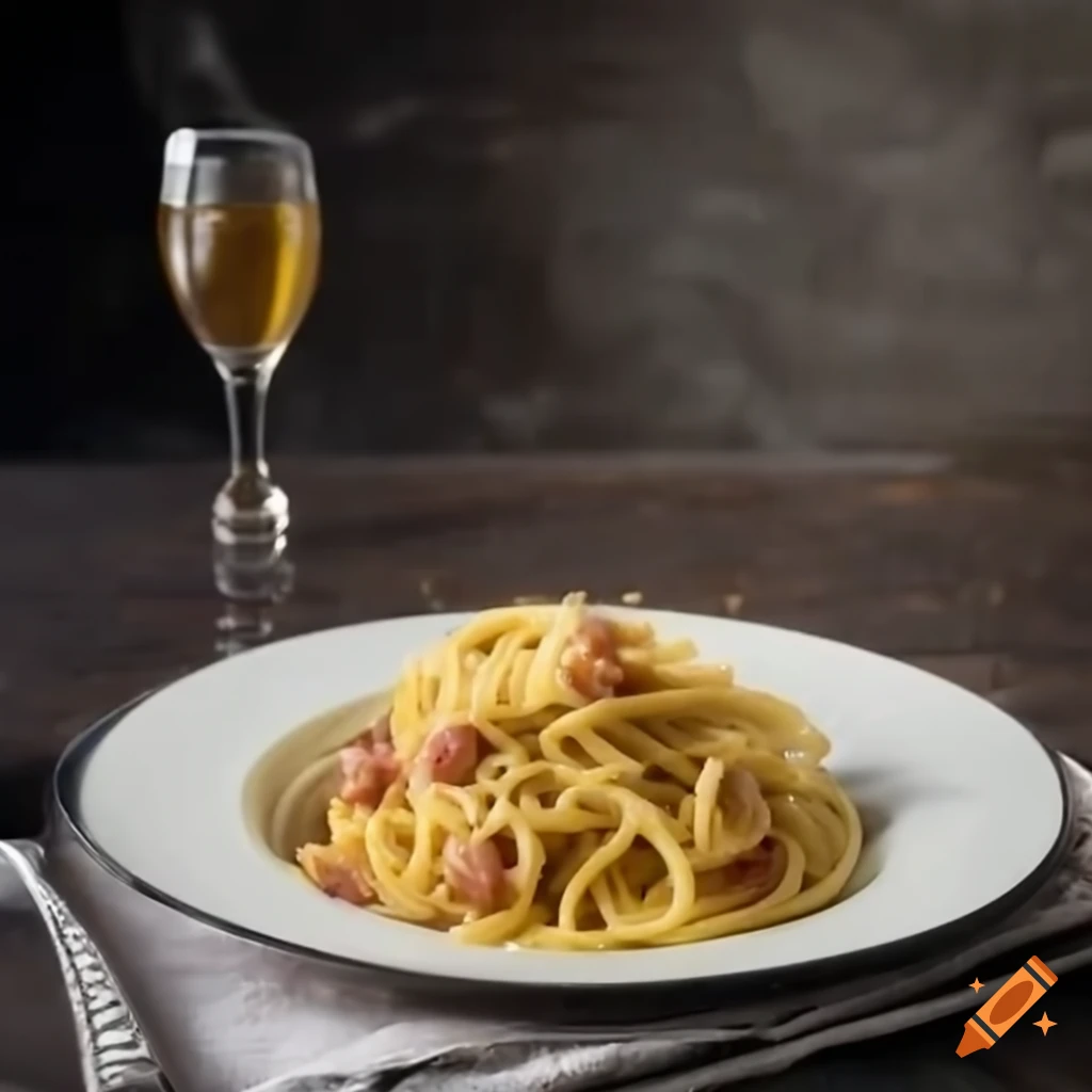 delicious pasta carbonara with a drink