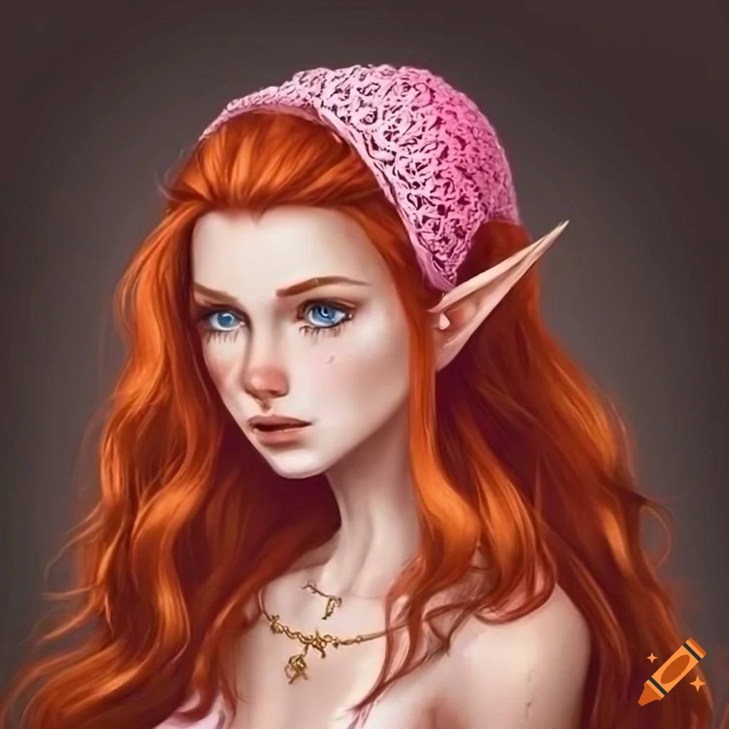 Artwork of a half elf goddess with red hair and blue eyes