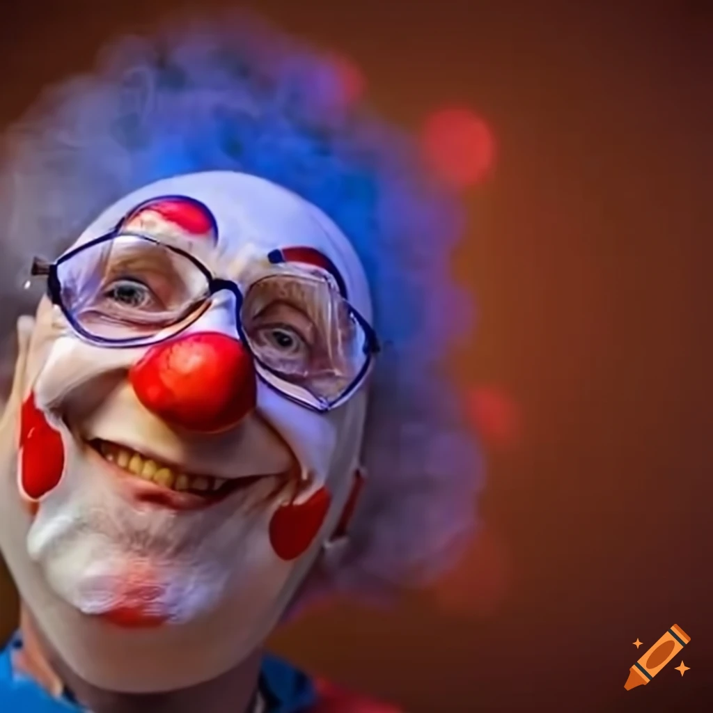 satirical illustration of clown scientist in a chemistry lab