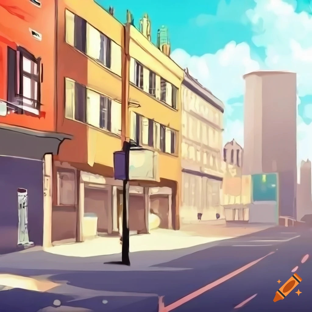 view of buildings facades and sidewalk in anime style