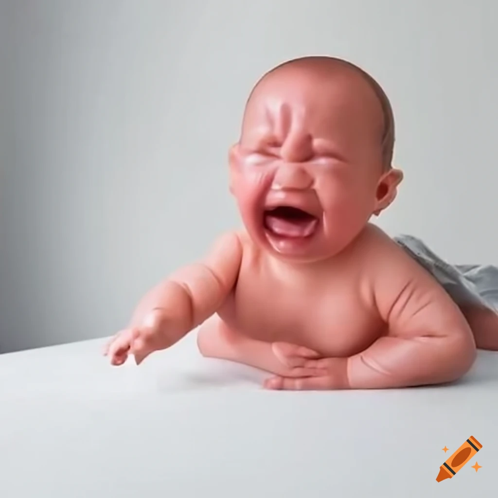 art installation of a crying giant plastic baby