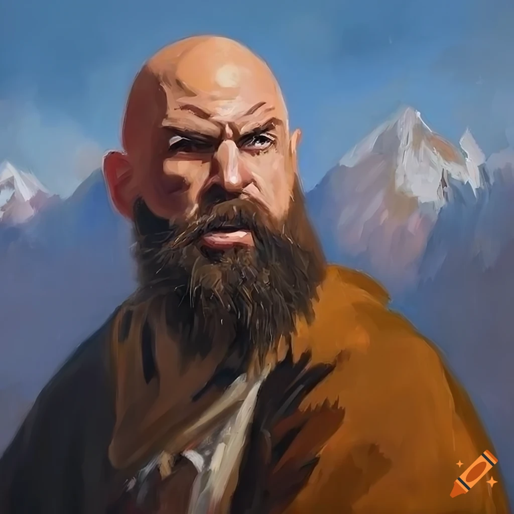 oil painting of an angry monk on a mountain peak
