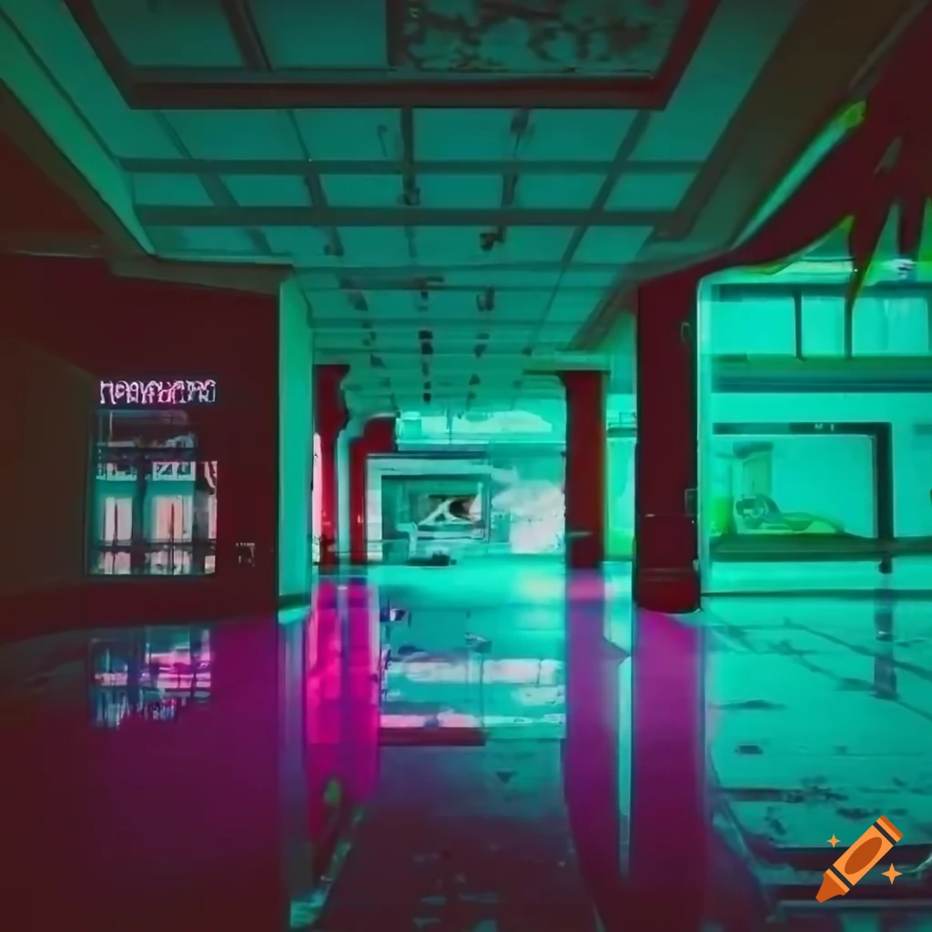 vaporwave aesthetic of an overgrown 1980s mall