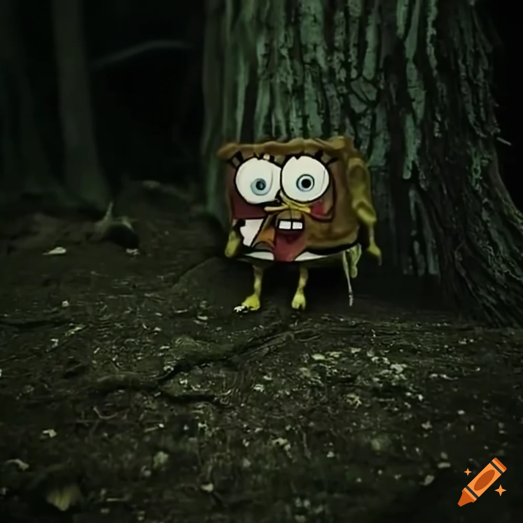 Spongebob scared in creepy woods