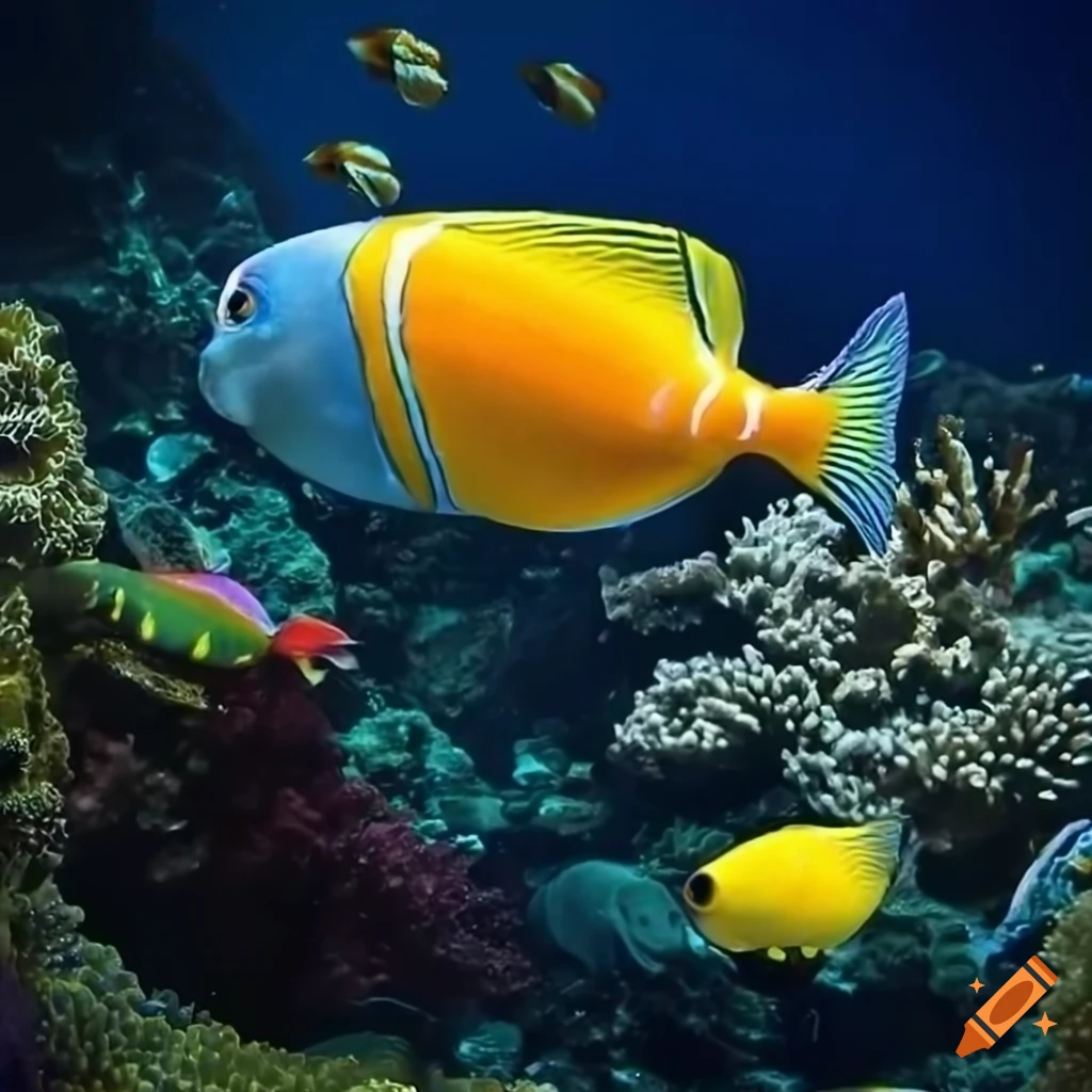 Underwater view of a vibrant coral reef with colorful fish on Craiyon