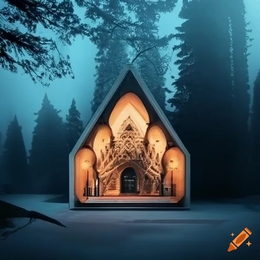 illustration of a cathedral-like cabin in an illusory archive