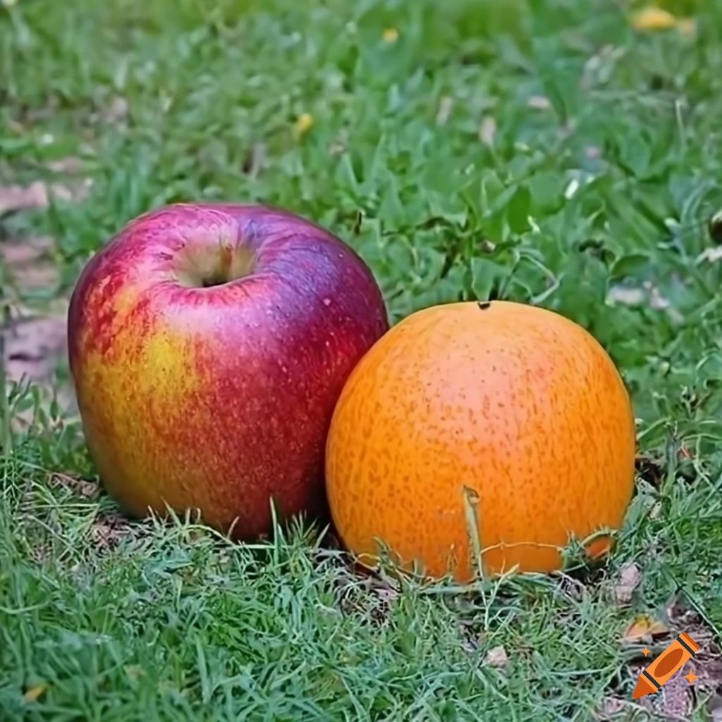 Detailed image of an apple and orange on grassy background on Craiyon