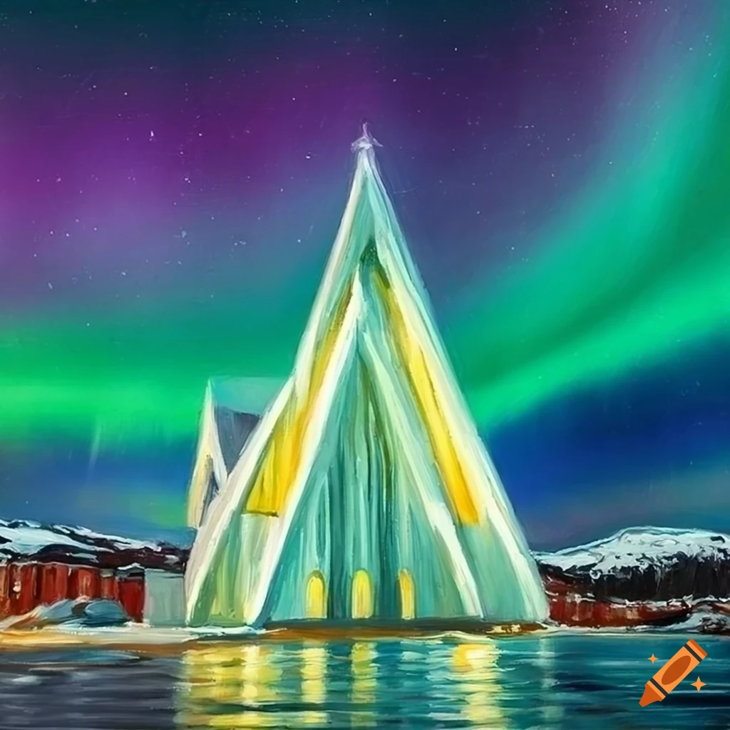 oil painting of the arctic cathedral in Tromso with aurora lights