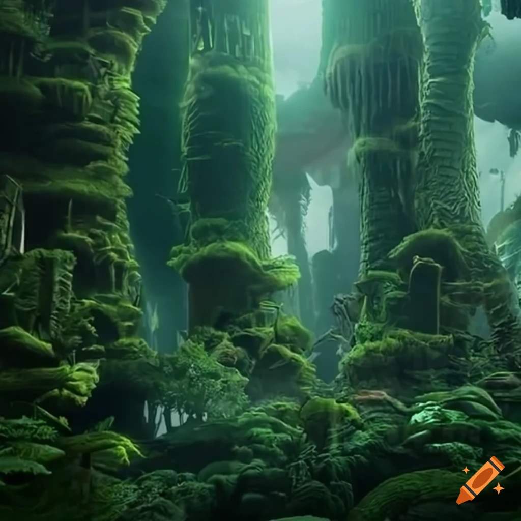 Biomorphic fantasy city in a forest of giant ferns on Craiyon