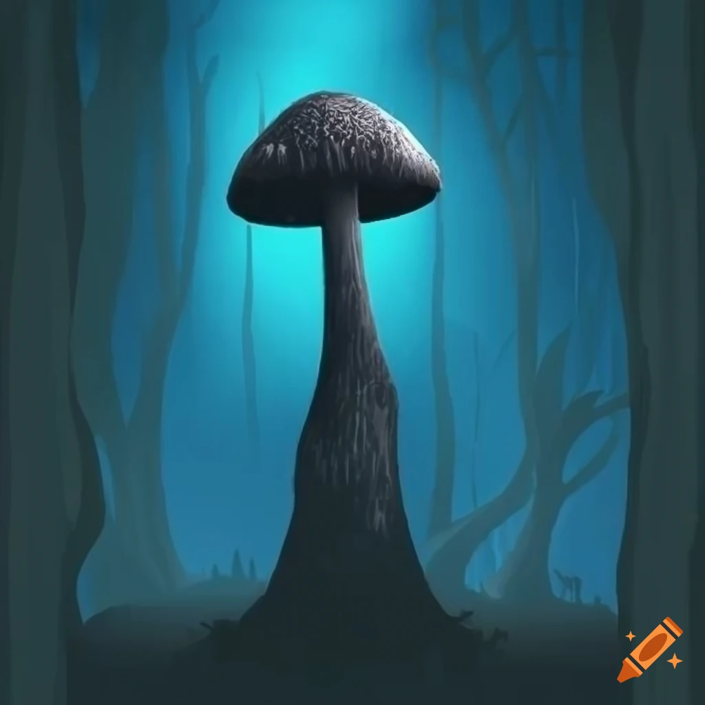 Tim Burton-style blue forest with black mushroom