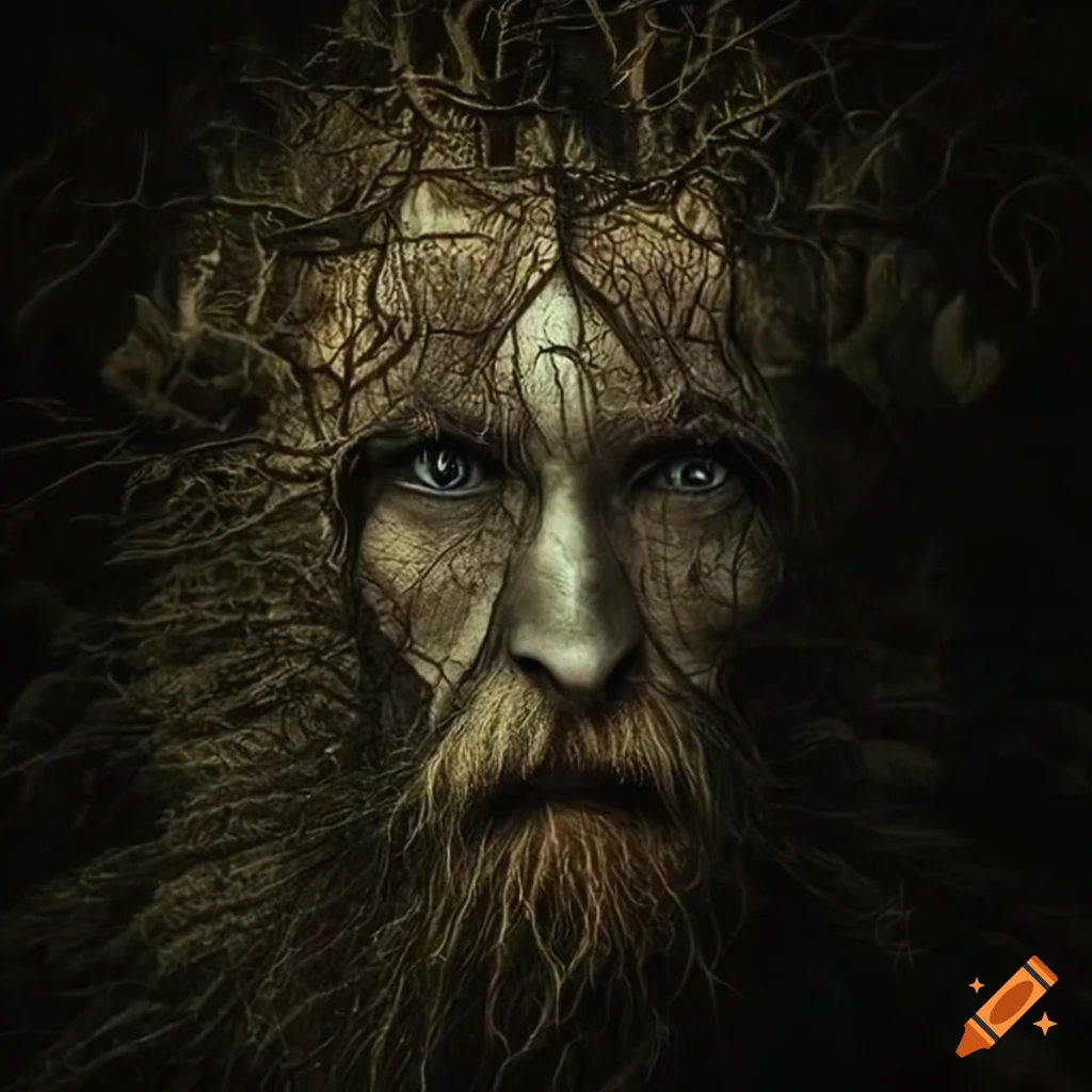 surreal portrait of a bearded male tree spirit