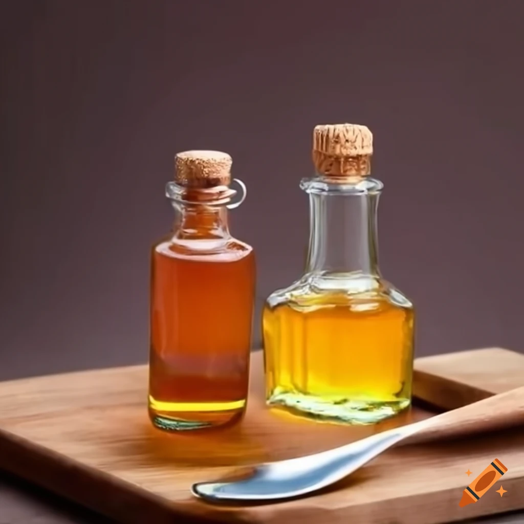 Vinegar and honey on a cutting board with a spoon on Craiyon