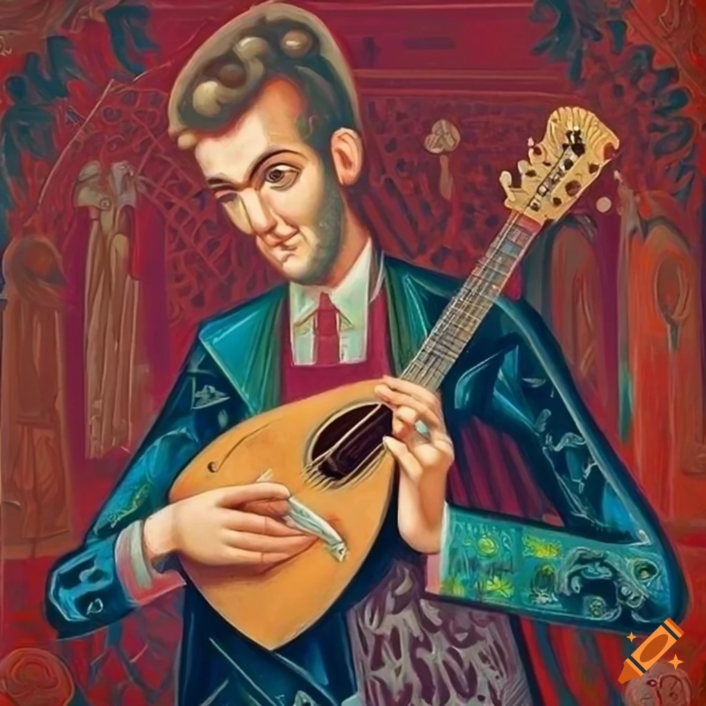 iconography-style portrait of Chris Thile holding a mandolin
