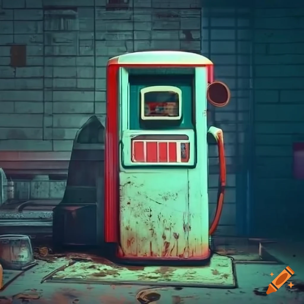 image of a retro gas station in a post-apocalyptic setting