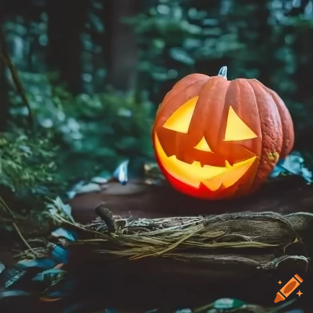 pumpkin with candles in a spooky forest