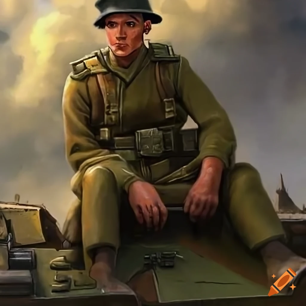 Soldier sitting on tank in ww2 game card on Craiyon