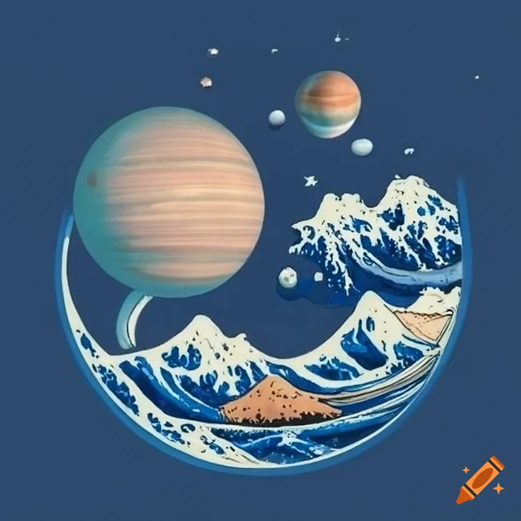 blue Hokusai style solar system