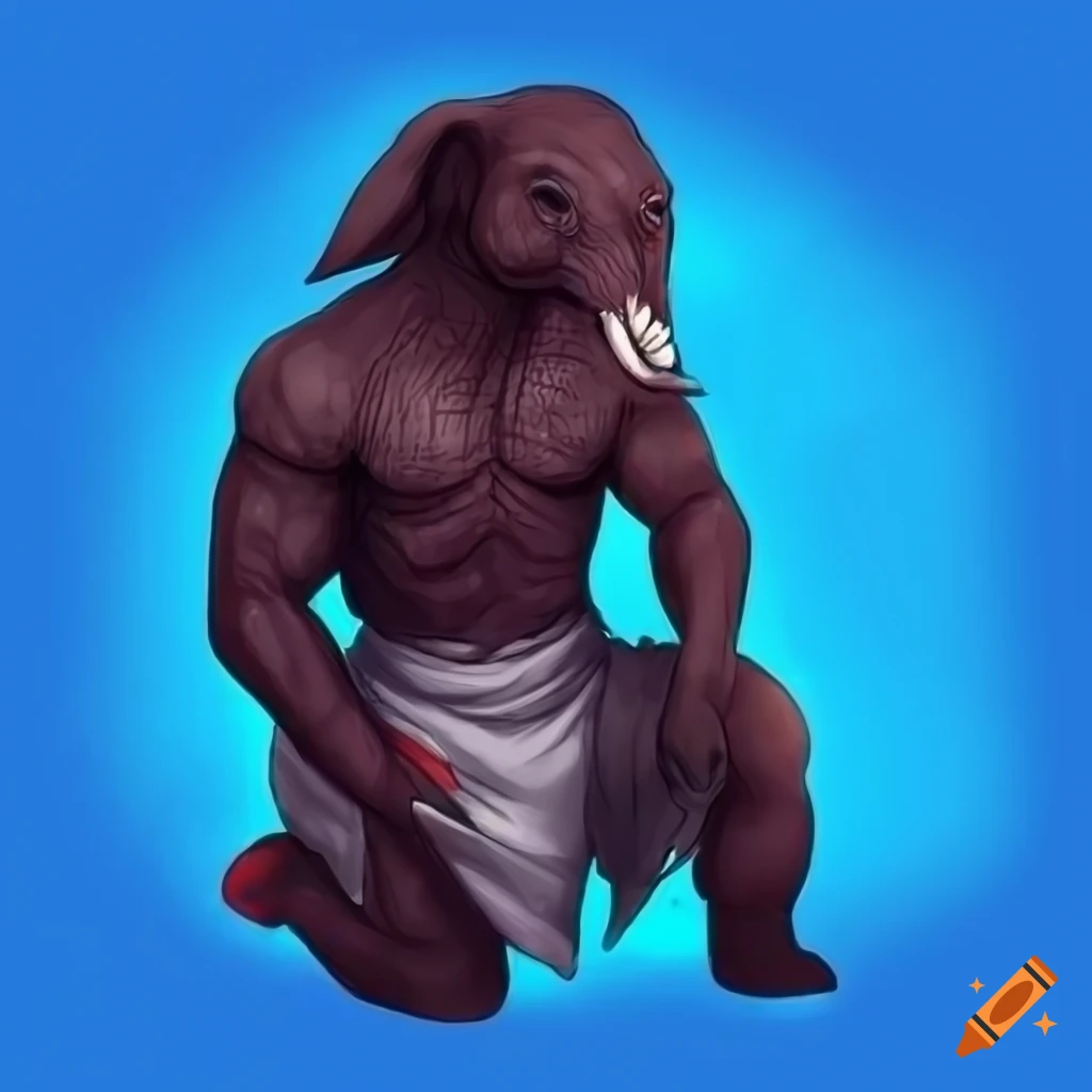 artwork of an anthropomorphic elephant with blue skin