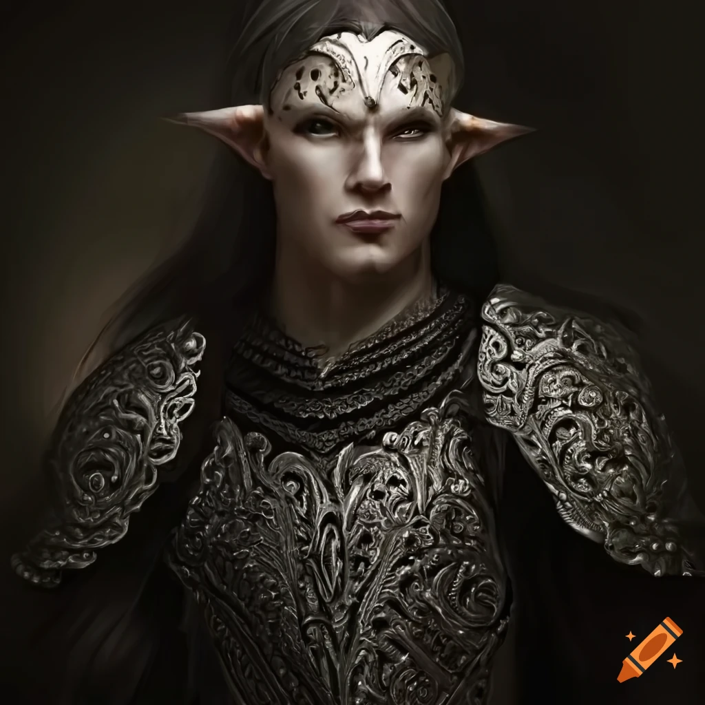 illustration of a pale elven warrior in ebony plate armor