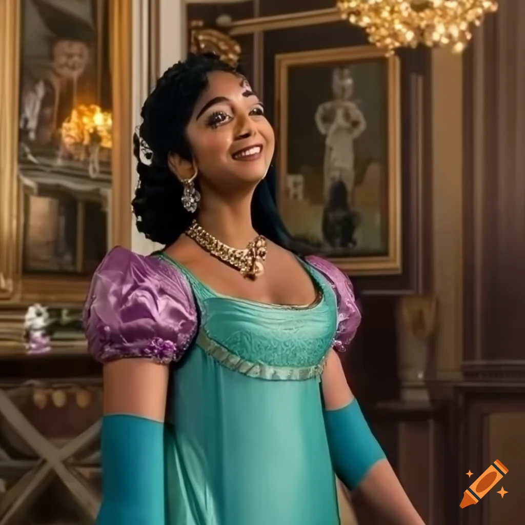 Maitreyi Ramakrishnan as Eloise Bridgerton in a regency dress on Craiyon Maitreyi Ramakrishnan as Eloise Bridgerton in a regency dress on Craiyon
