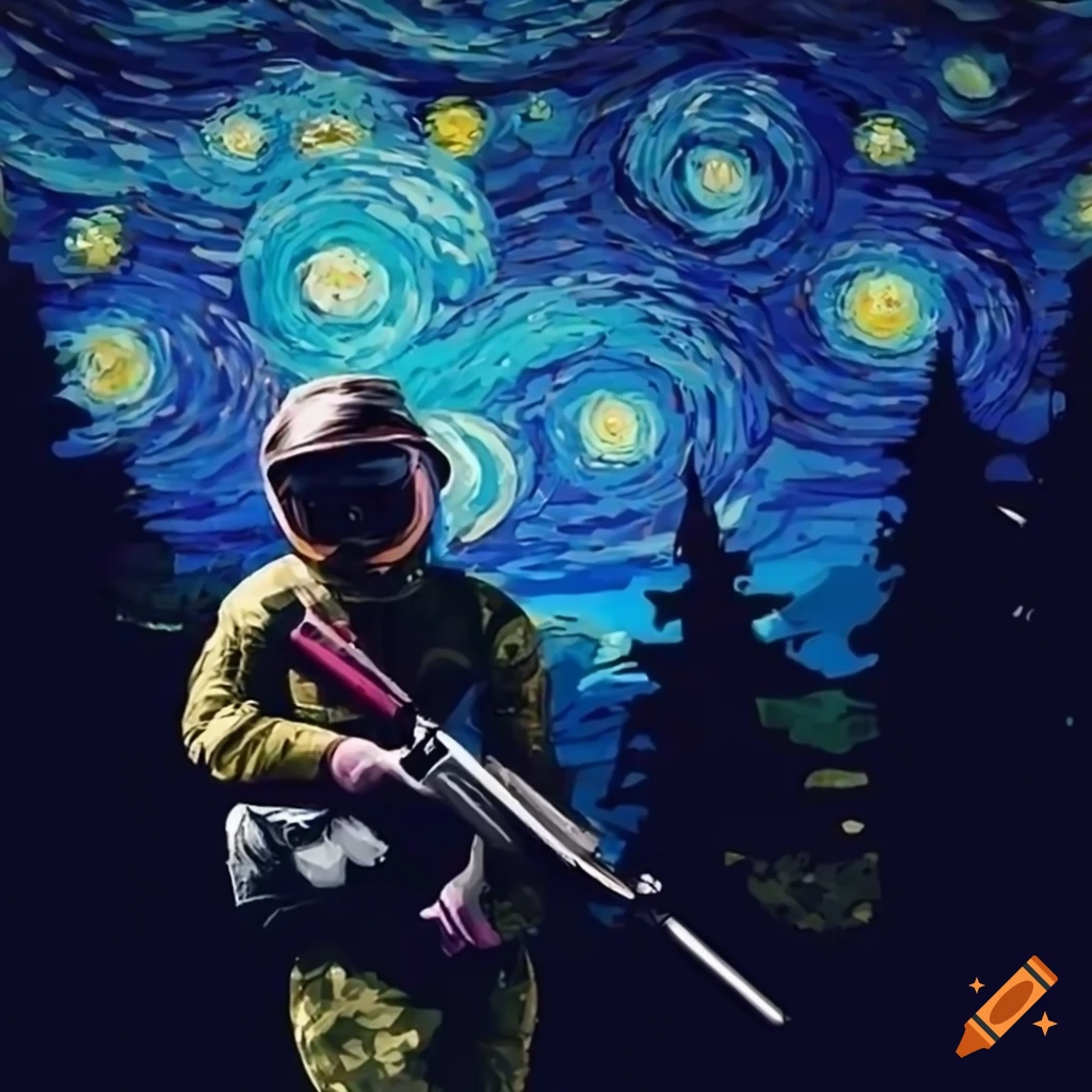 paintball themed artwork with starry night background