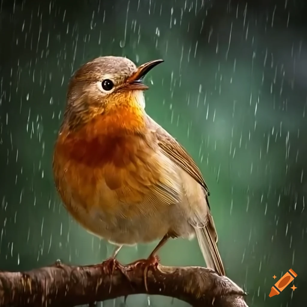 image of a singing nightingale in the rain