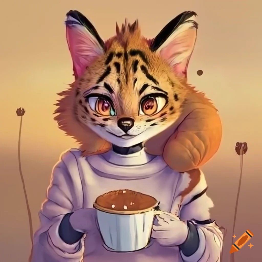 furry serval girl in cozy sweater with a pumpkin spice latte